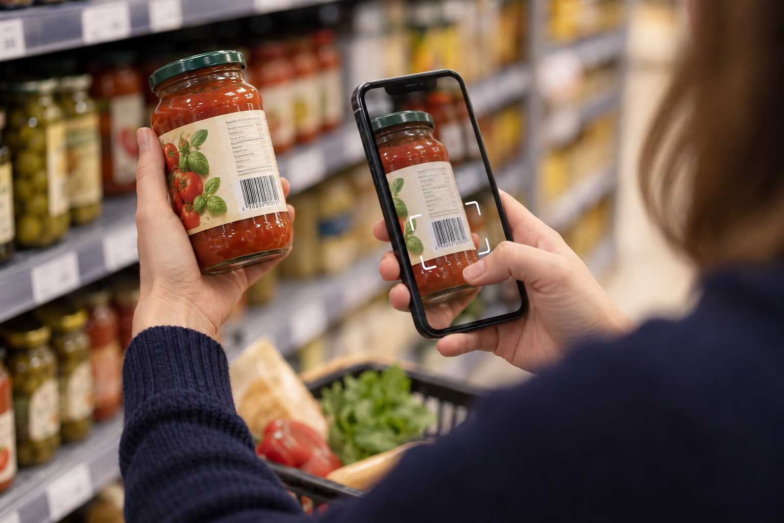 Scanning Pasta Sauce in Supermarket